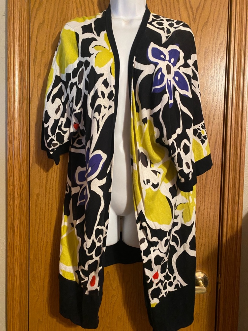 Lane Bryant Black Floral Open Cardigan with Yellow and Purple Accents